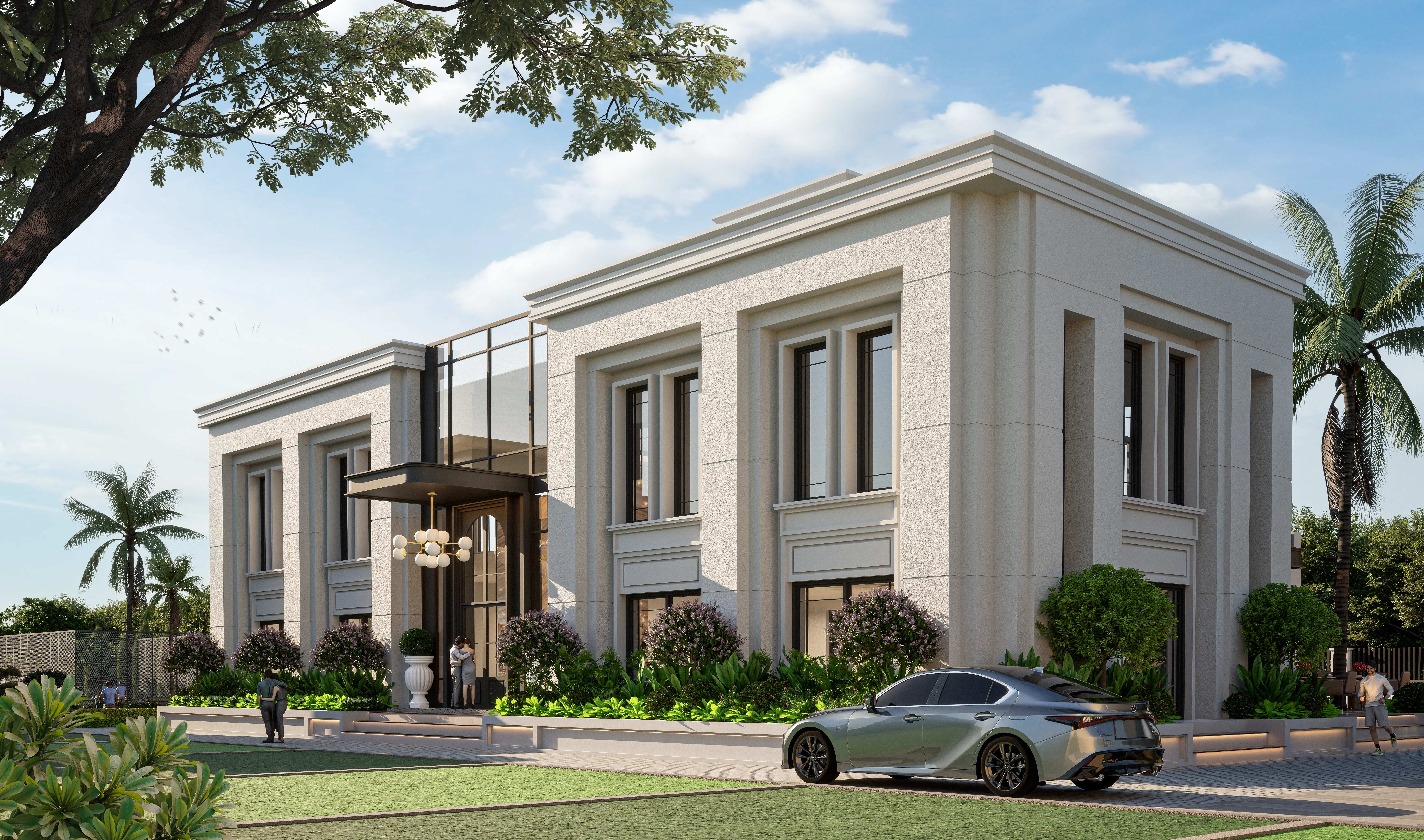 Architectural visualisation of the clubhouse entrance and landscaping at AQVA The Reserve