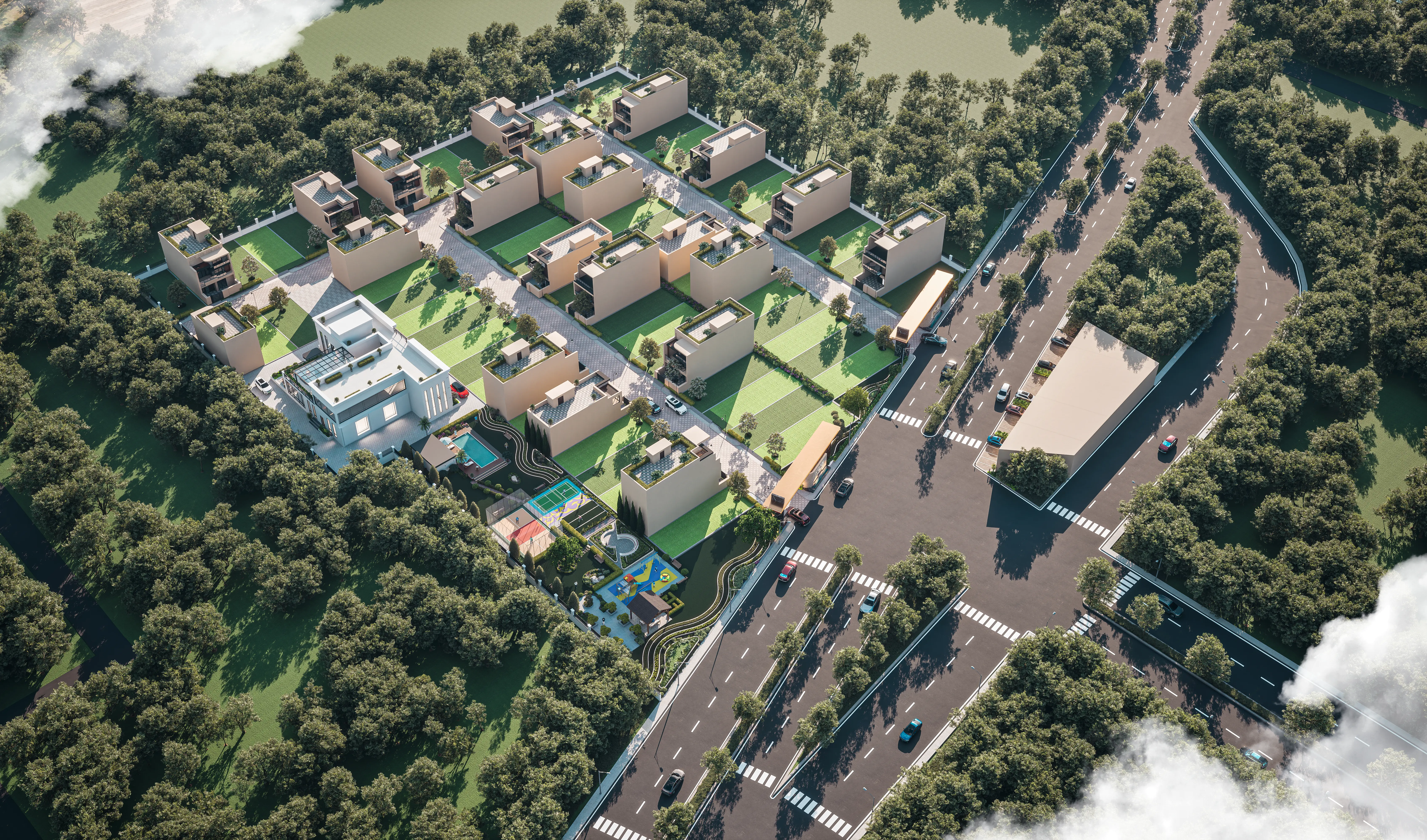 Aerial architectural visualisation of homes, landscaped plots and amenities at AQVA The Reserve