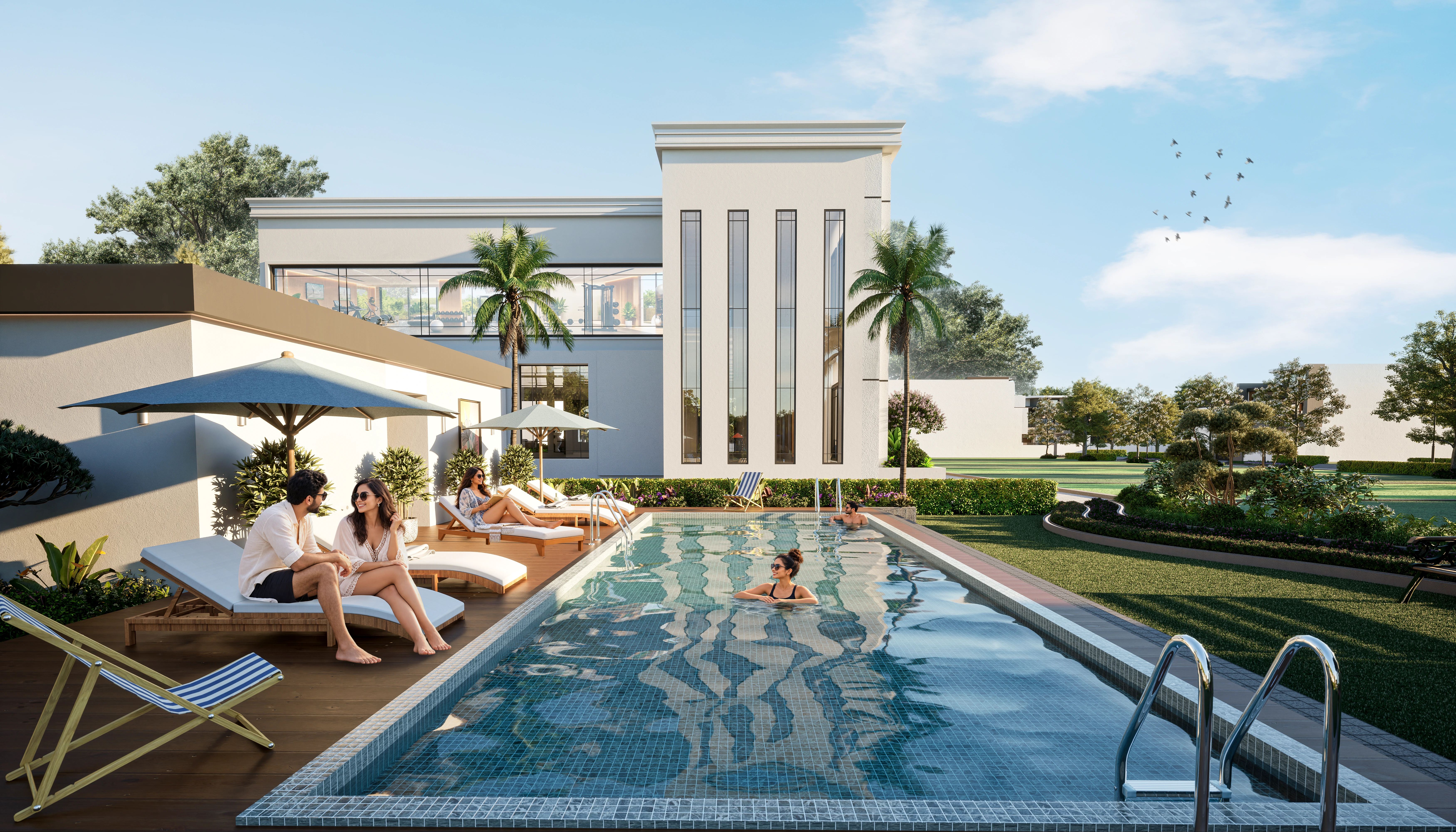 Architectural visualisation of the clubhouse and swimming pool at AQVA The Reserve