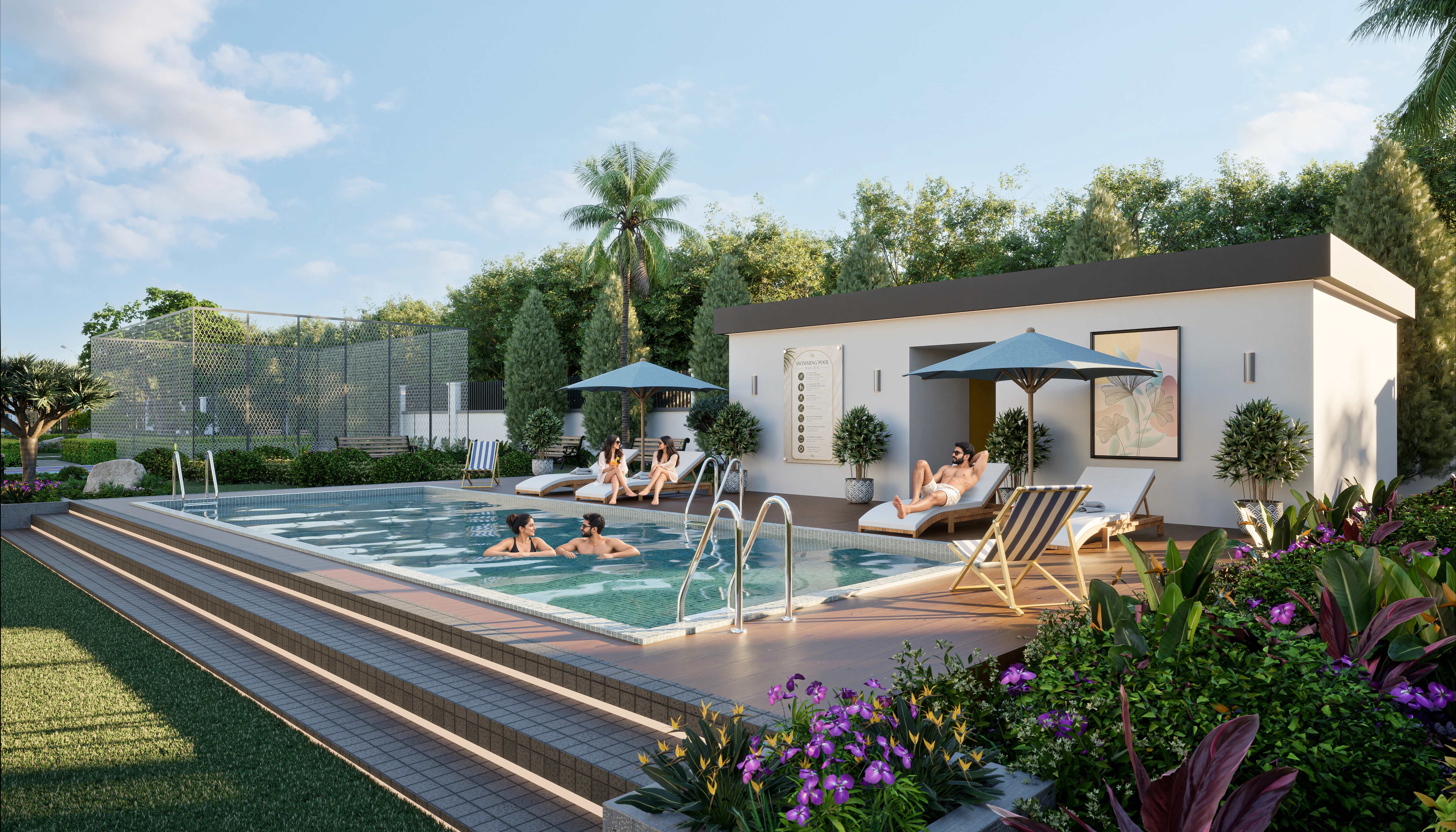 Landscaped swimming pool and lounge area at AQVA The Reserve — architectural visualisation