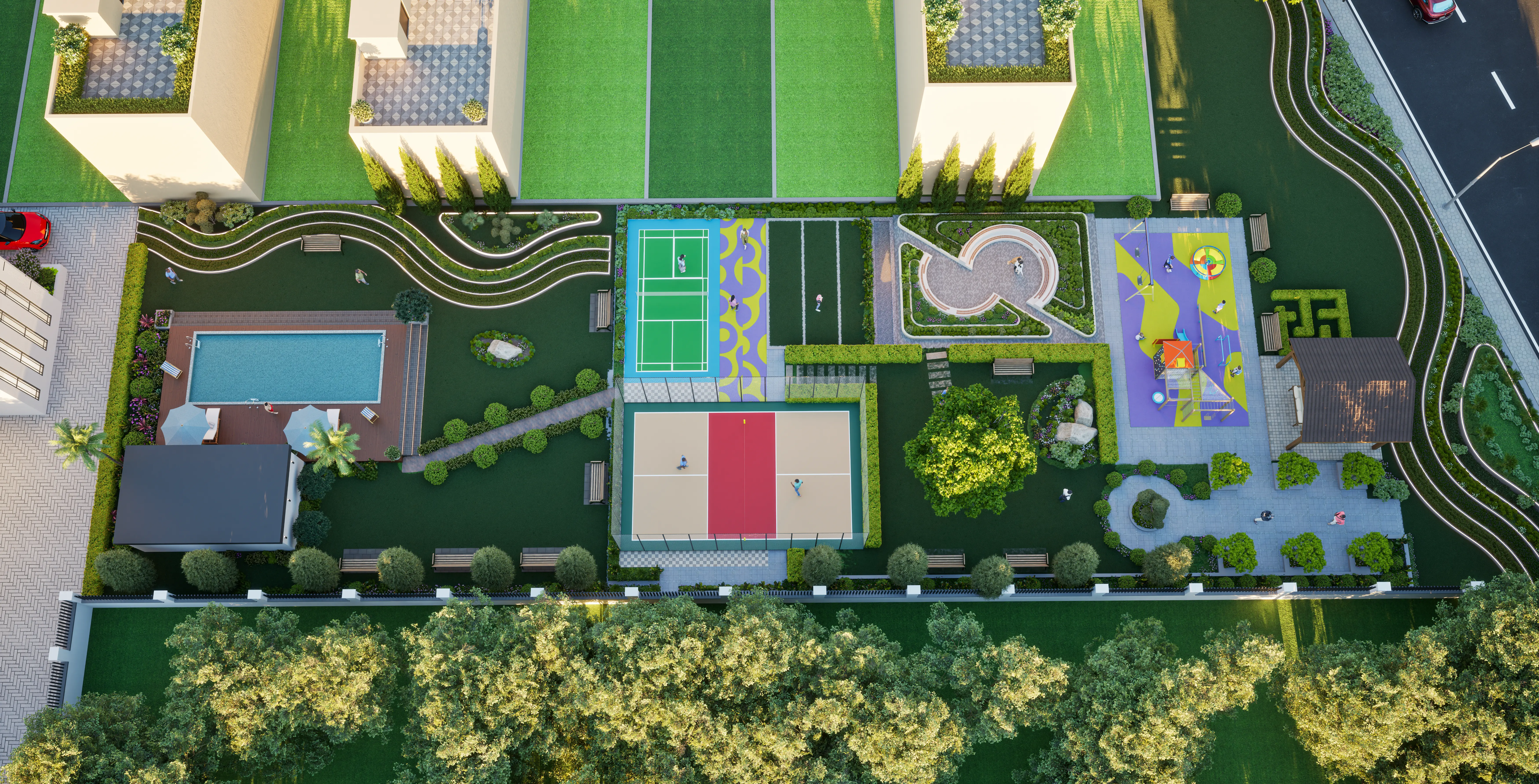Aerial architectural visualisation of the swimming pool, sports courts and landscaped play areas at AQVA The Reserve