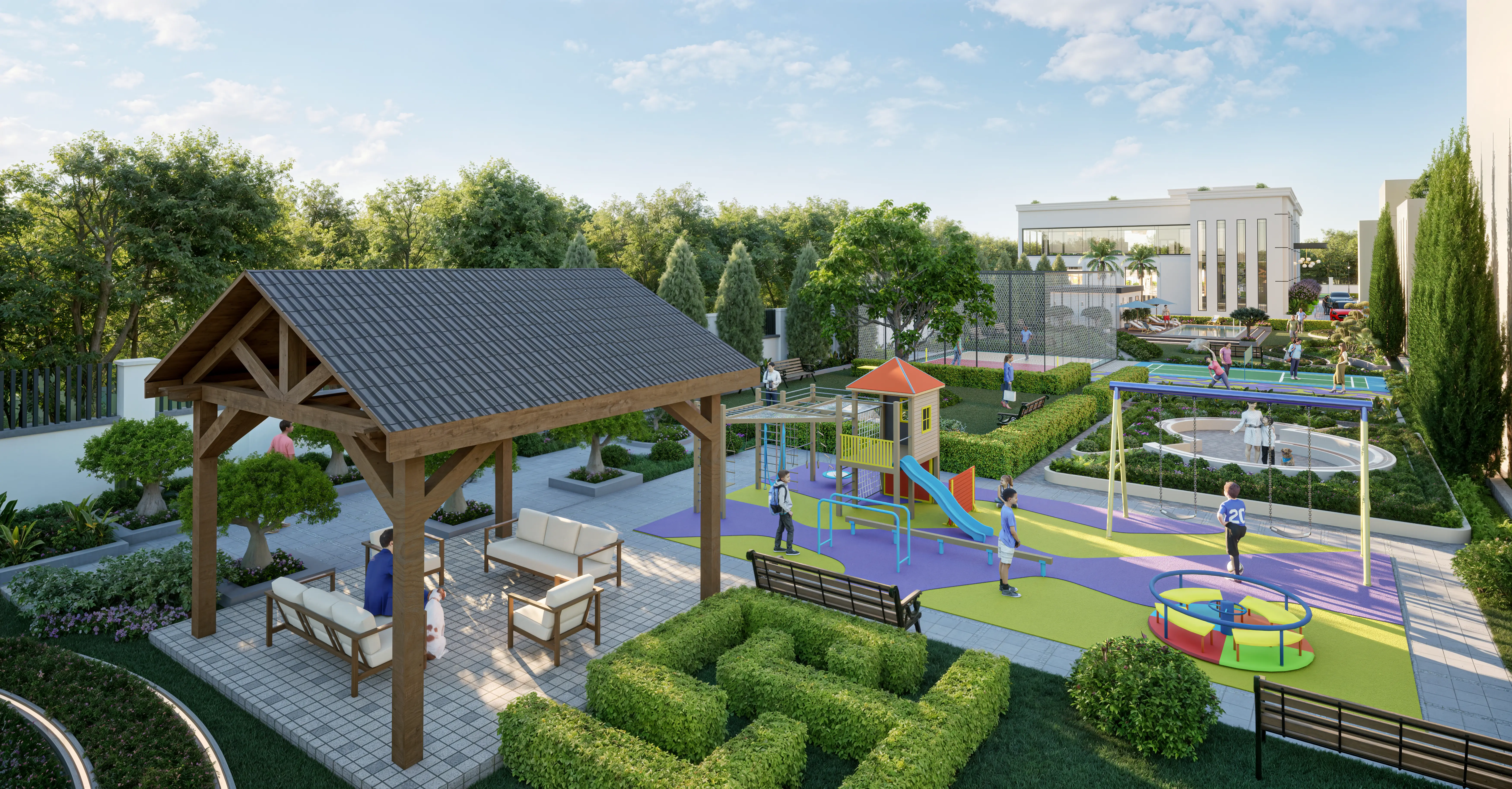 Architectural visualisation of landscaped recreation areas and a playground at AQVA The Reserve