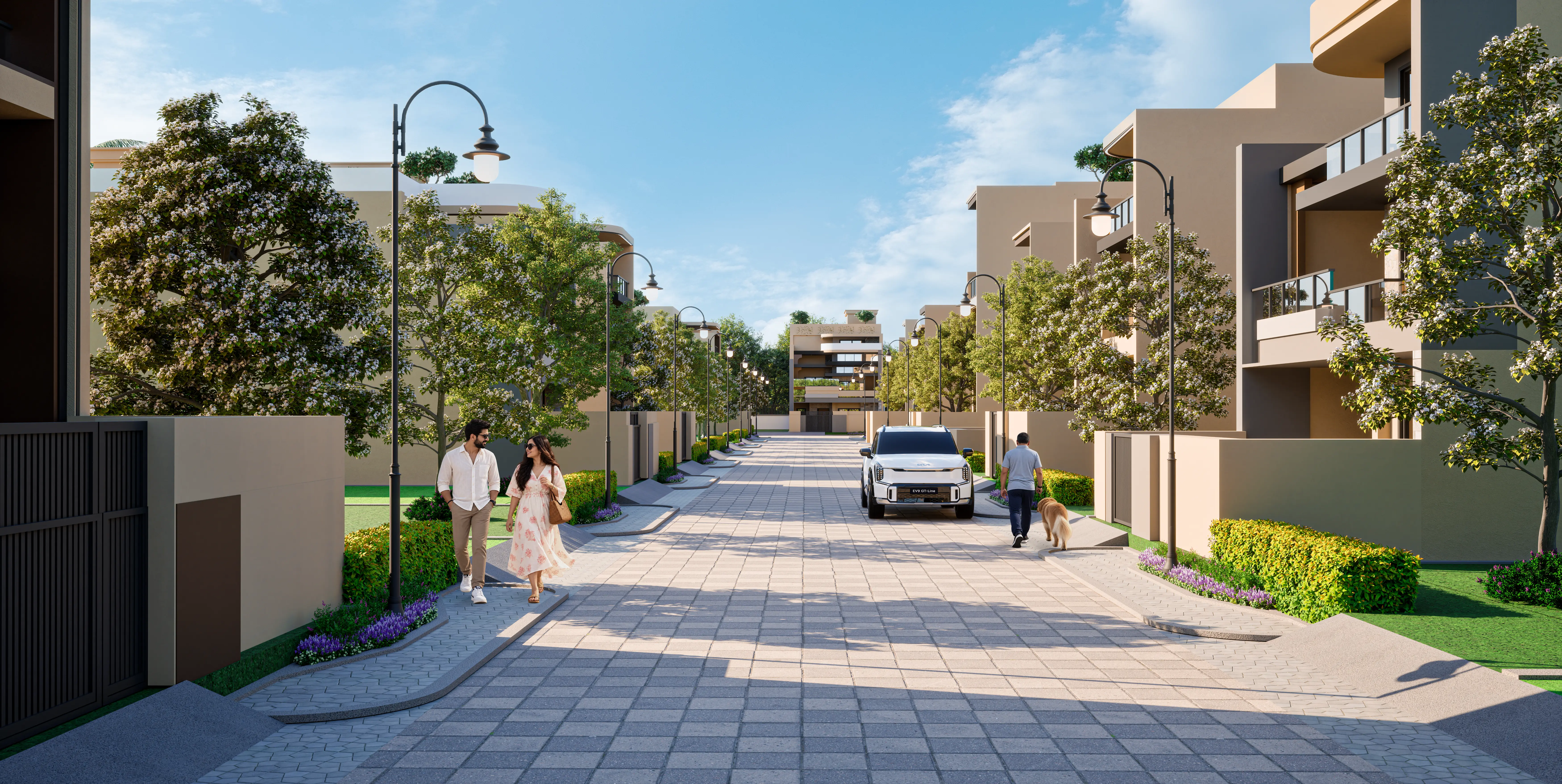 Contemporary residences and landscaped streets — architectural visualisation
