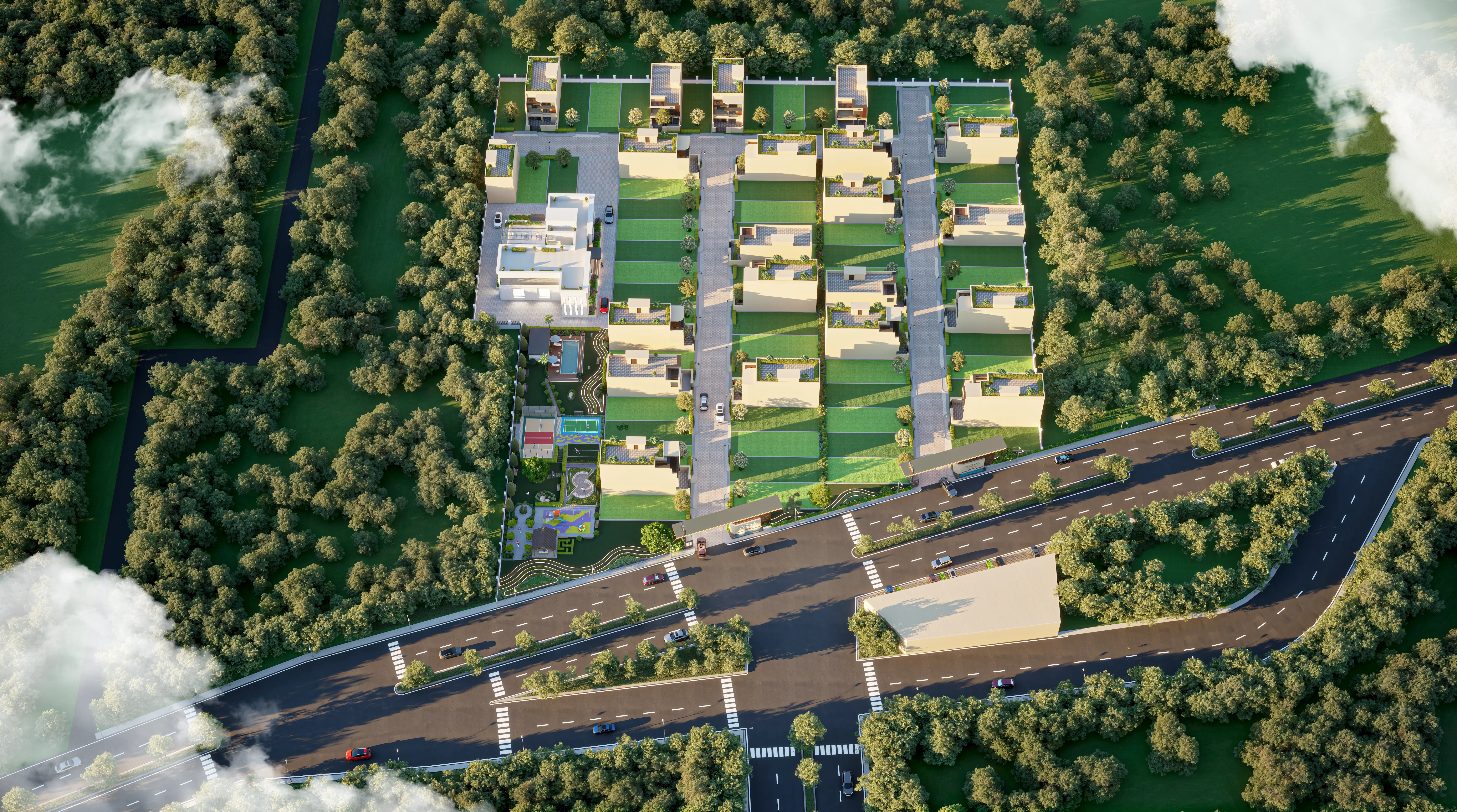 Aerial architectural visualisation of the residential community layout at AQVA The Reserve