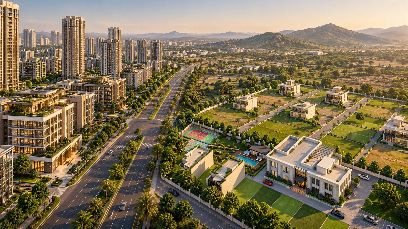 City skyline beside a landscaped villa and plotted community at golden hour - architectural visualisation