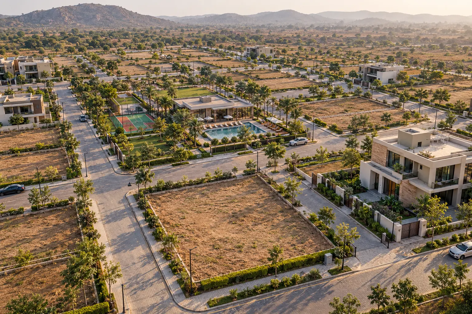 Aerial view of residential plots, villas, tree-lined roads and shared community facilities - architectural visualisation