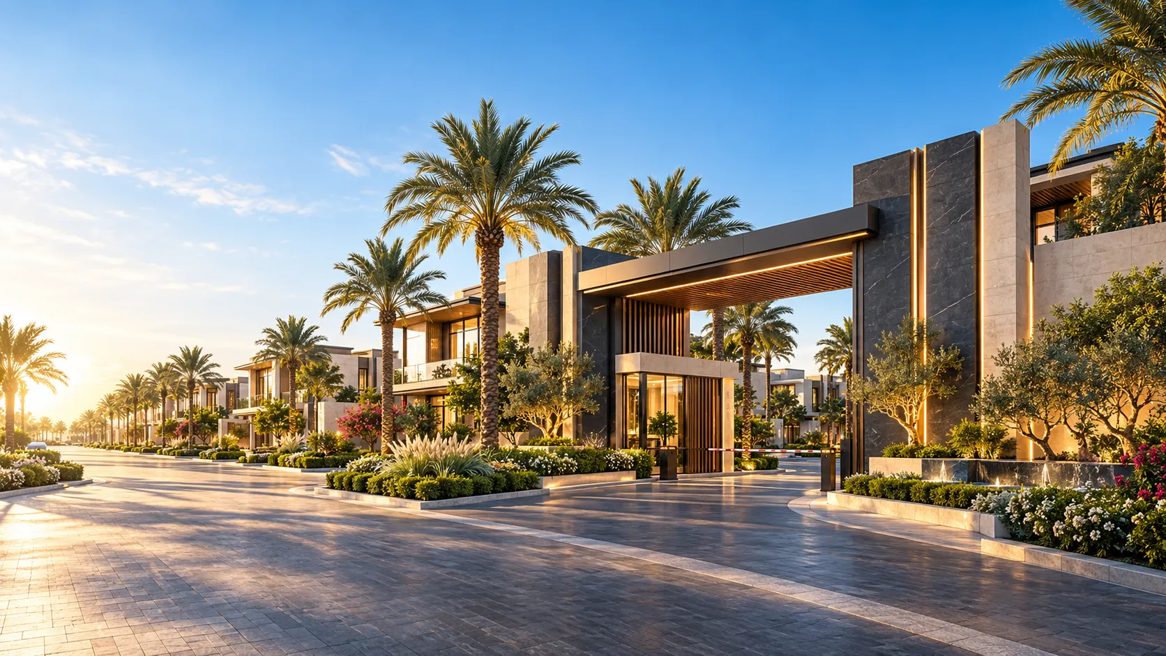 Illustrative entrance to a landscaped gated residential community