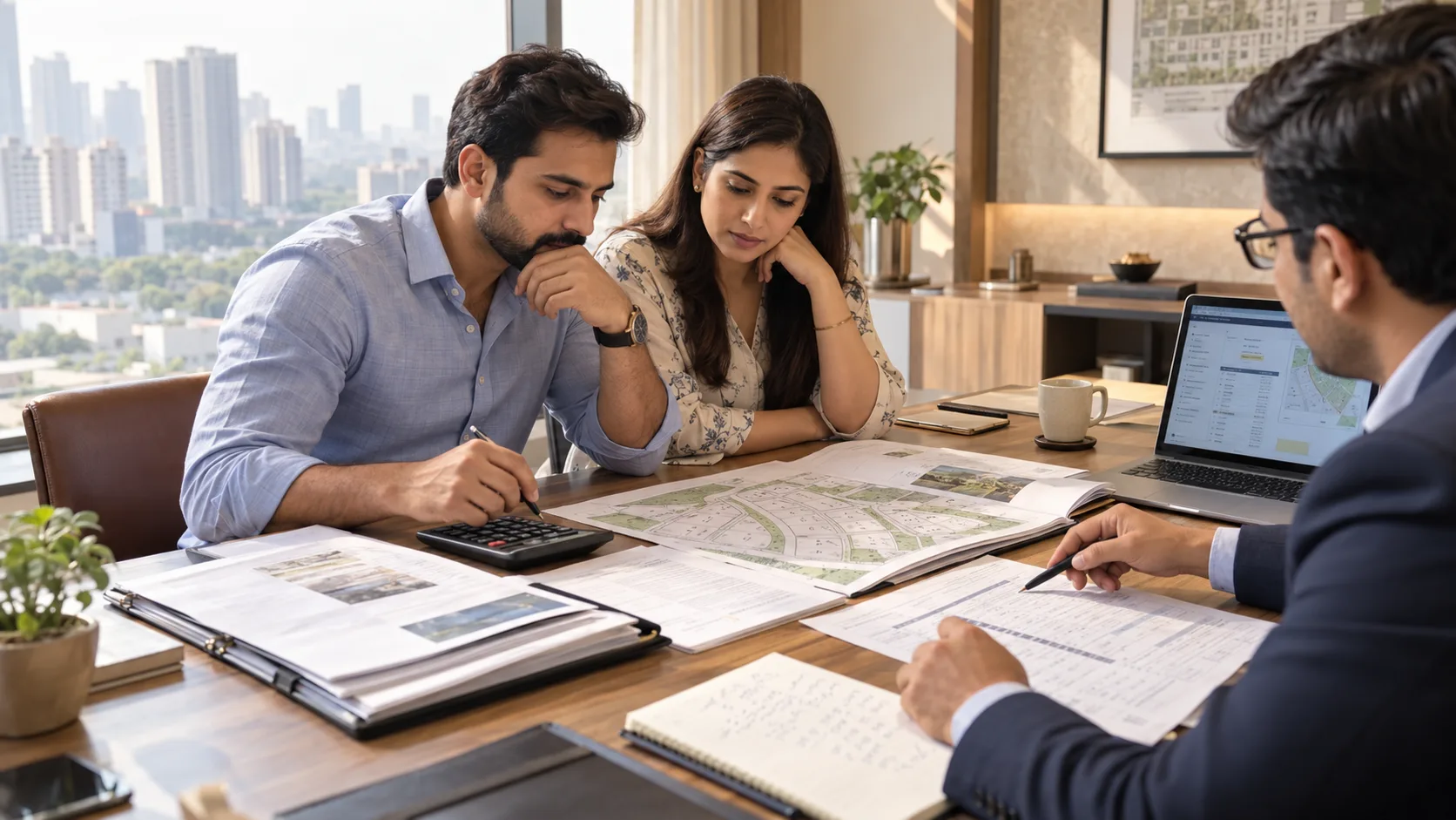 A couple reviewing property plans and documents with an adviser, using a calculator to plan their purchase budget